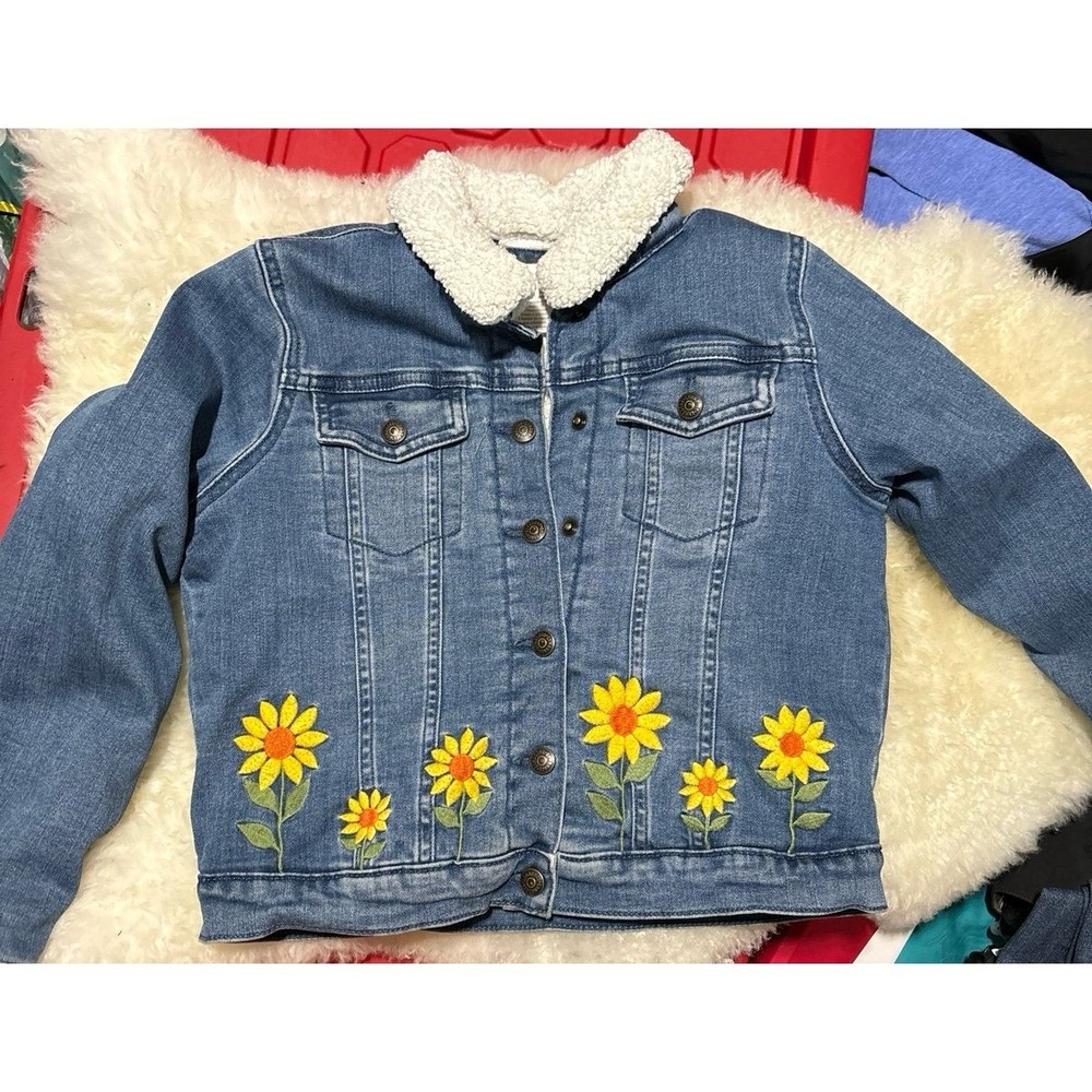 Gymboree Girl's Sherpa Lined Embroidered Sunflowers Denim Jean Jacket, Size 10